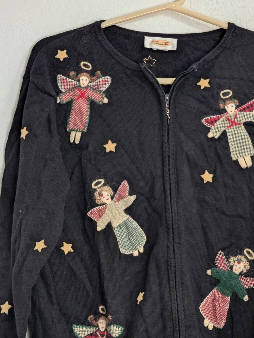 Vtg 90s Granny Christmas Sweater Cardigan Zip Angel Doll Star Grandma Teacher XL - Picture 4 of 4